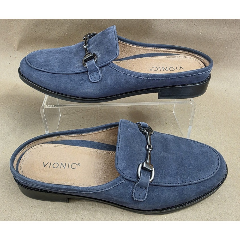 Vionic Salie Mules (Sz 9.5) Blue Nubuck Suede Orthotic Slip-On Comfort Loafer